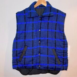 VINTAGE | Gorpcore Utility blue plaid fully reversible puffer vest Camping Fish